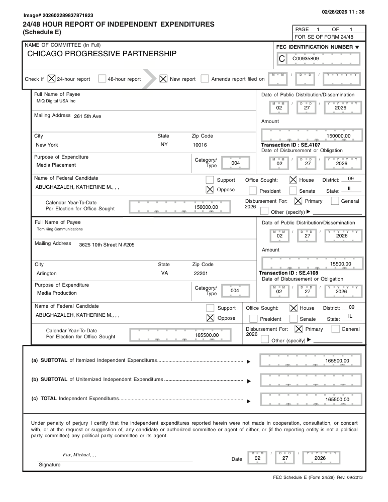 First page of the FEC Schedule E filing for Chicago Progressive Partnership opposing Abughazaleh
