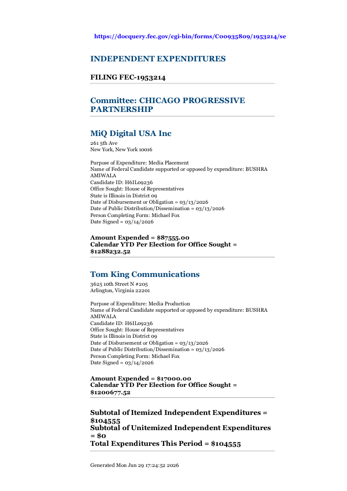 First page of the FEC Schedule E filing for Chicago Progressive Partnership supporting Amiwala